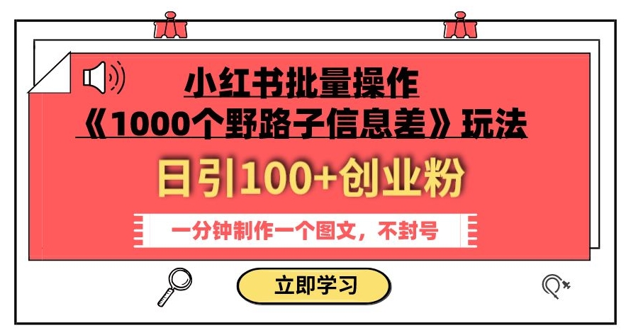 小红书批量操作《1000个野路子信息差》玩法，一分钟制作一个图文，不封号，日引100+创业粉-圆梦资源网