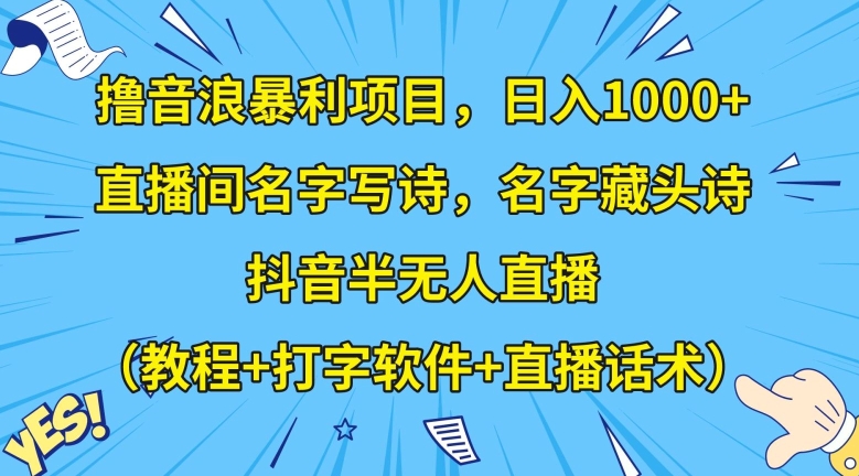 撸音浪暴利项目，日入1000+，直播间名字写诗，名字藏头诗，抖音半无人直播（教程+打字软件+直播话术）【揭秘】-圆梦资源网
