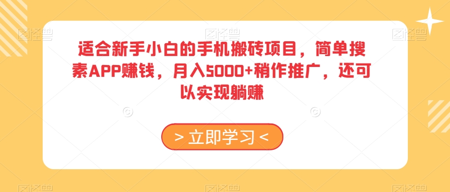 适合新手小白的手机搬砖项目，简单搜素APP赚钱，月入5000+稍作推广，还可以实现躺赚【揭秘】-圆梦资源网