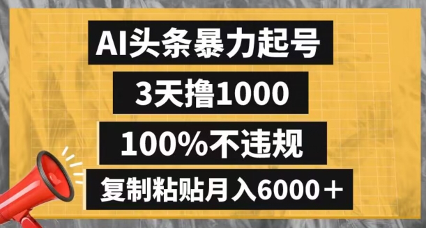AI头条暴力起号，3天撸1000,100%不违规，复制粘贴月入6000＋【揭秘】-圆梦资源网