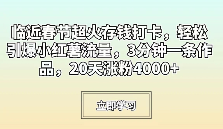临近春节超火存钱打卡，轻松引爆小红薯流量，3分钟一条作品，20天涨粉4000+【揭秘】-圆梦资源网