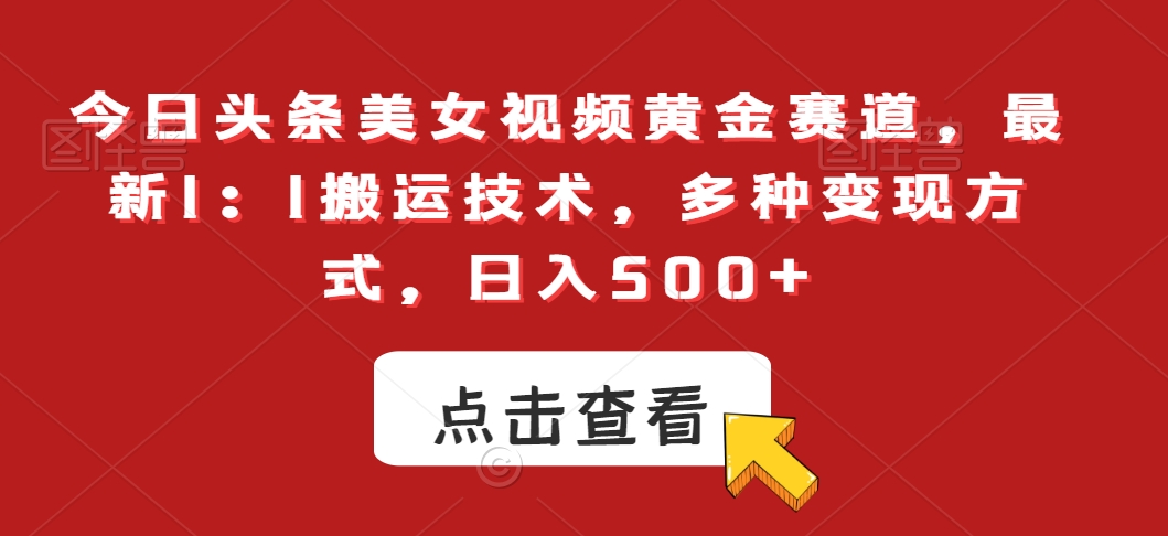 今日头条美女视频黄金赛道，最新1：1搬运技术，多种变现方式，日入500+【揭秘】-圆梦资源网