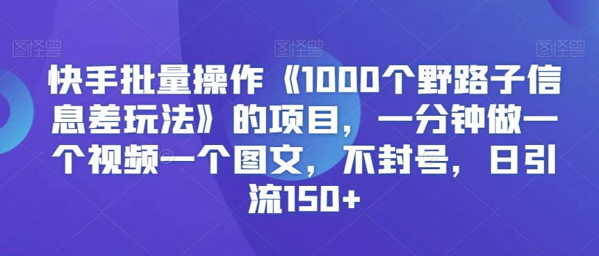 快手批量操作《1000个野路子信息差玩法》的项目，一分钟做一个视频一个图文，不封号，日引流150+【揭秘】-圆梦资源网