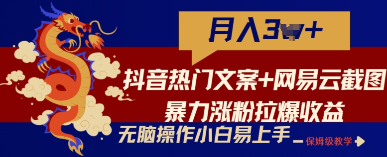 抖音热门文案+网易云截图暴力涨粉拉爆收益玩法，小白无脑操作，简单易上手【揭秘】-圆梦资源网