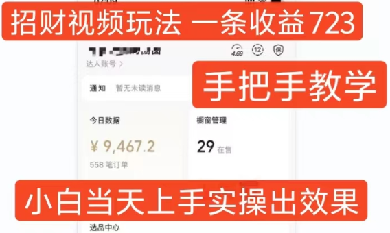 招财视频玩法，一条视频收益723，手把手教学，小白当天可上手-圆梦资源网