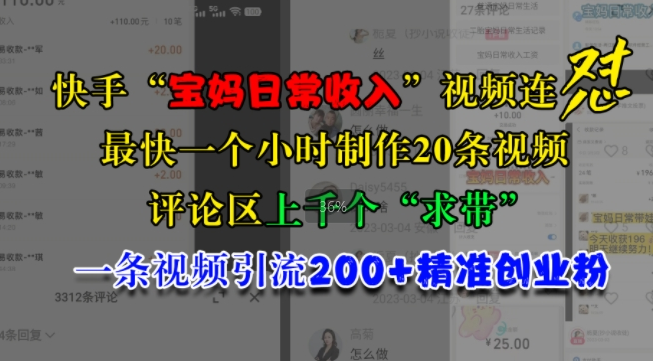 快手“宝妈日常收入”视频连怼，一个小时制作20条视频，评论区上千个“求带”，一条视频引流200+精准创业粉-圆梦资源网