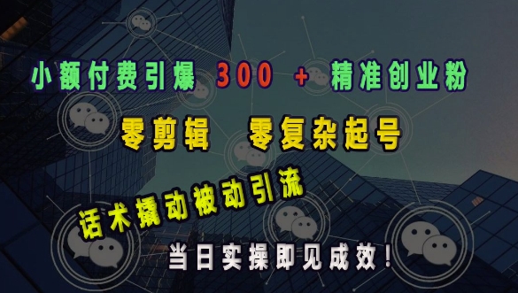 小额付费引爆 300 + 精准创业粉，零剪辑、零复杂起号，话术撬动被动引流，当日实操即见成效-圆梦资源网