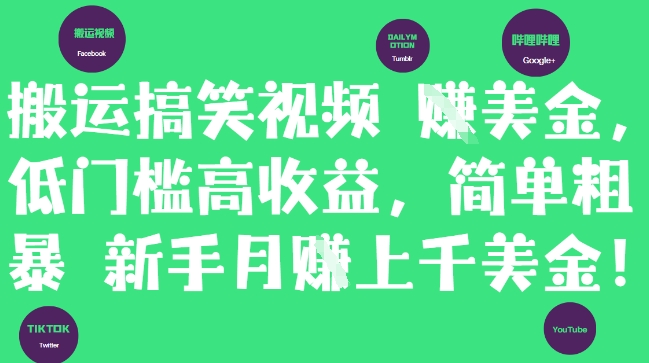 搬运搞笑视频挣美金，低门槛高收益，简单粗暴新手月入上千美刀-圆梦资源网