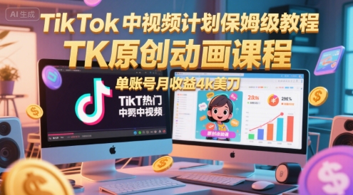 TikTok中视频计划保姆级教程，TK原创动画课程，单账号月收益4k美刀-圆梦资源网