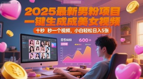 2025最新男粉项目，一键生成美女视频，日引600+色粉 十秒一个视频，小白轻松日入5张【揭秘】-圆梦资源网