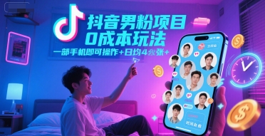 抖音男粉项目0成本玩法，一部手机即可操作，日均4张+，时间自由-圆梦资源网