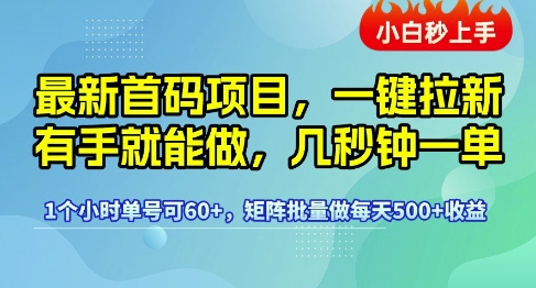 最新首码项目，一键拉新有手就能做，几秒钟一单，1个小时单号可60+，矩阵批量做每天5张【揭秘】-圆梦资源网