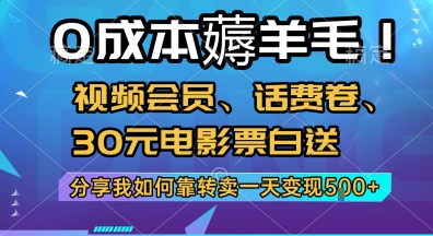 0成本薅羊毛!视频会员、话费卷、30元电影票白送，分享我如何靠转卖一天变现5张+【揭秘】-圆梦资源网