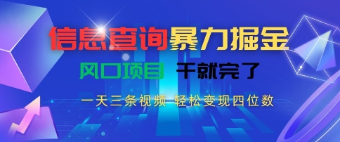 信息查询暴力掘金，一天三条视频，轻松变现四位数，风口项目干就完了【揭秘】-圆梦资源网