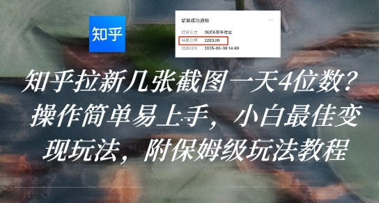 知乎拉新几张截图一天4位数？操作简单易上手，小白最佳变现玩法，附保姆级玩法教程-圆梦资源网