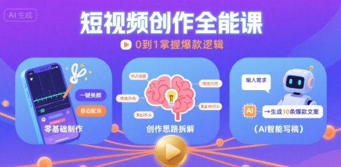 短视频创作课，短视频制作、创作思路、Ai写爆款文案-圆梦资源网