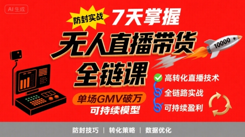 无人直播带货全链防封实战课，7天掌握高转化直播技术，实现单场GMV破万可持续模型-圆梦资源网