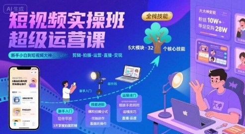短视频实操班超级运营课，新手小白到短视频大神必修课程，剪辑-拍摄-运营-直播-变现-圆梦资源网