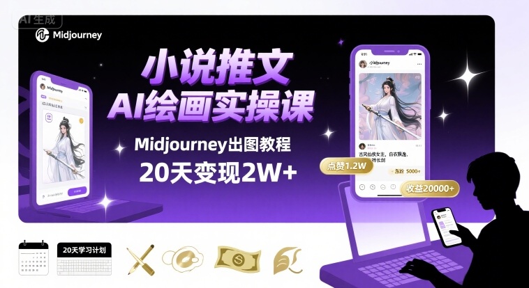 小说推文干货分享之AI绘画MJ出图实操课，用Midjourney做小说推文，20天挣2w-圆梦资源网