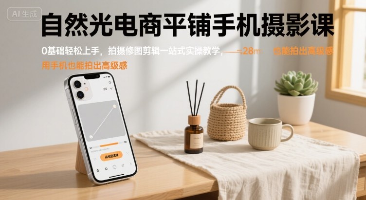 自然光电商平铺手机摄影课，0基础轻松上手，拍摄修图剪辑一站式实操教学，用手机也能拍出高级感-圆梦资源网