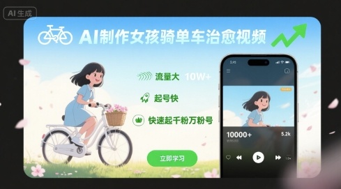 AI制作女孩骑单车治愈视频，流量大，起号快，快速起千粉万粉号-圆梦资源网