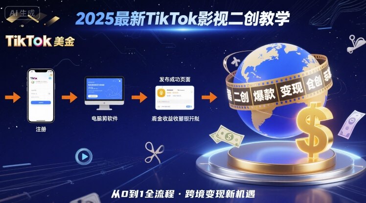2025年最新TikTok影视二创教学，从注册到发布撸美金全流程，跨境变现新机遇-圆梦资源网