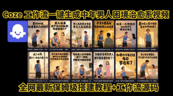 coze工作流一键生成”中年男人困境扎心高涨粉高播放量图文视频”保姆级拆解教程，无需剪辑，无需拍摄写文案-圆梦资源网