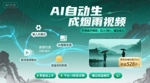 不用拍不用剪！AI自动生成烟雨视频，日入5张+，睡后收入-圆梦资源网